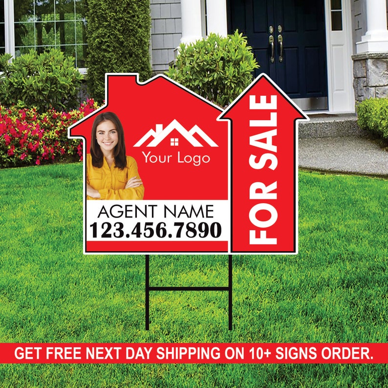 10 Pack Custom For Sale Arrow Yard Sign 18" x 24", 2 Sided Add Your Text, Logo, Photo Personalized Directional Signs with Metal H-Stake