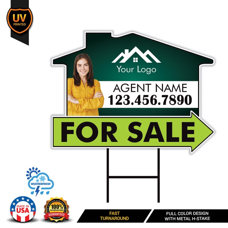 10 Pack Custom For Sale Arrow Yard Sign 18" x 24", 2 Sided Add Your Text, Logo, Photo Personalized Directional Signs with Metal H-Stake
