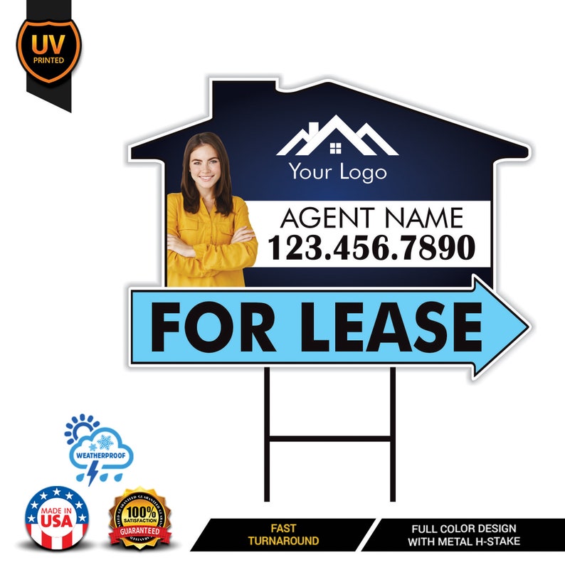 10 Pack Custom For Lease Arrow Yard Sign 18" x 24", 2 Sided Add Your Text, Logo, Photo Personalized Directional Signs with Metal H-Stake