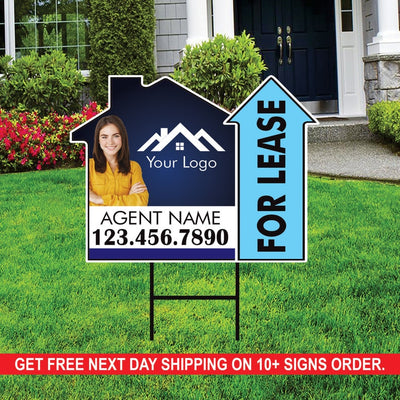 10 Pack Custom For Lease Arrow Yard Sign 18" x 24", 2 Sided Add Your Text, Logo, Photo Personalized Directional Signs with Metal H-Stake