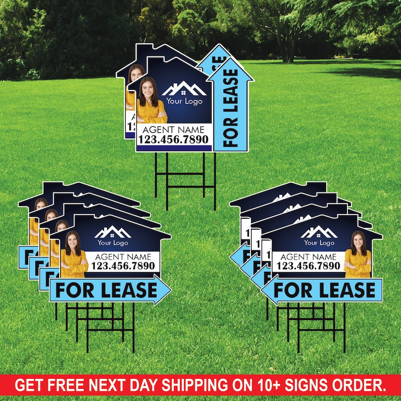 10 Pack Custom For Lease Arrow Yard Sign 18" x 24", 2 Sided Add Your Text, Logo, Photo Personalized Directional Signs with Metal H-Stake