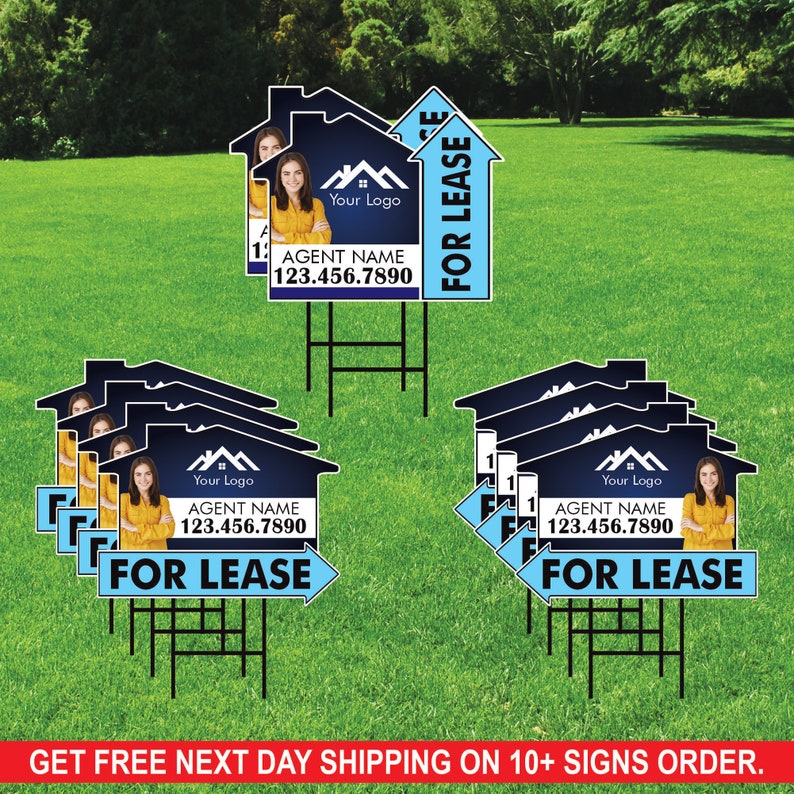 10 Pack Custom For Lease Arrow Yard Sign 18" x 24", 2 Sided Add Your Text, Logo, Photo Personalized Directional Signs with Metal H-Stake
