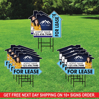 10 Pack Custom For Lease Arrow Yard Sign 18" x 24", 2 Sided Add Your Text, Logo, Photo Personalized Directional Signs with Metal H-Stake