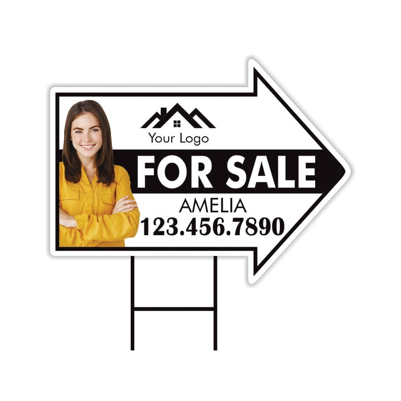 Custom For Sale Arrow Yard Sign 18" x 24", 2 Sided Add Your Text, Logo, Photo Personalized For Sale Directional Signs with Metal H-Stake