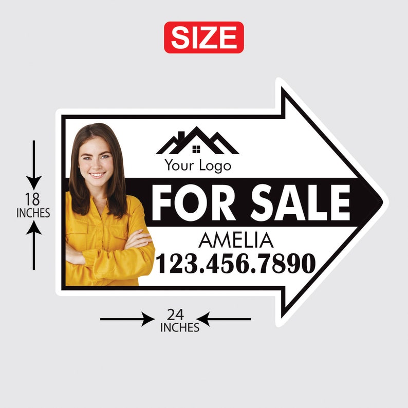 Custom For Sale Arrow Yard Sign 18" x 24", 2 Sided Add Your Text, Logo, Photo Personalized For Sale Directional Signs with Metal H-Stake