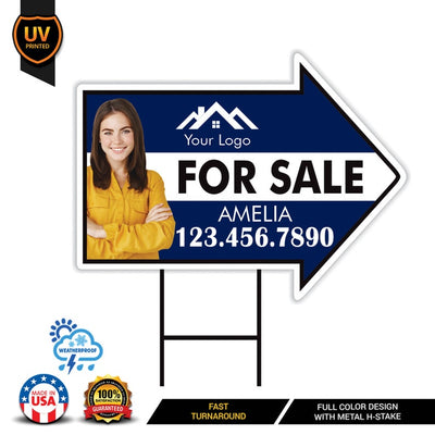 Custom For Sale Arrow Yard Sign 18" x 24", 2 Sided Add Your Text, Logo, Photo Personalized For Sale Directional Signs with Metal H-Stake