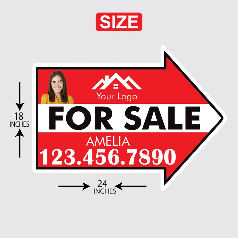 Custom For Sale Arrow Yard Sign 18" x 24", 2 Sided Add Your Text, Logo, Photo Personalized For Sale Directional Signs with Metal H-Stake