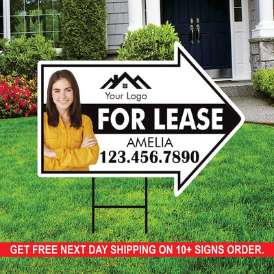 Custom For Lease Arrow Yard Sign 18" x 24", 2 Sided Add Your Text, Logo, Photo Personalized For Lease Directional Signs with Metal H-Stake