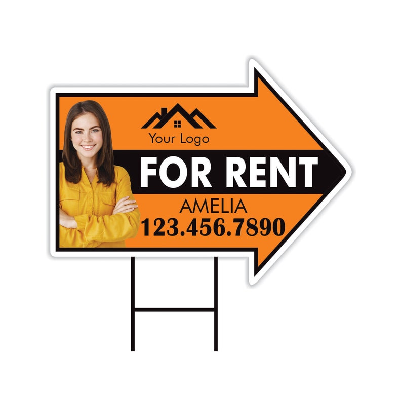 Custom For Rent Arrow Yard Sign 18" x 24", 2 Sided Add Your Text, Logo, Photo Personalized For Rent Directional Signs with Metal H-Stake