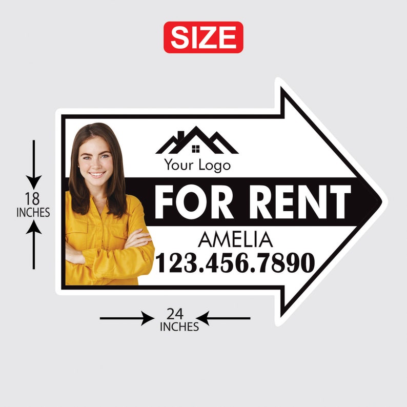 Custom For Rent Arrow Yard Sign 18" x 24", 2 Sided Add Your Text, Logo, Photo Personalized For Rent Directional Signs with Metal H-Stake