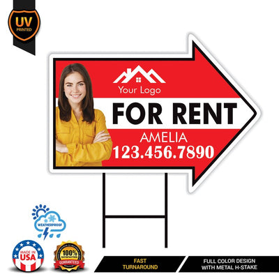 Custom For Rent Arrow Yard Sign 18" x 24", 2 Sided Add Your Text, Logo, Photo Personalized For Rent Directional Signs with Metal H-Stake