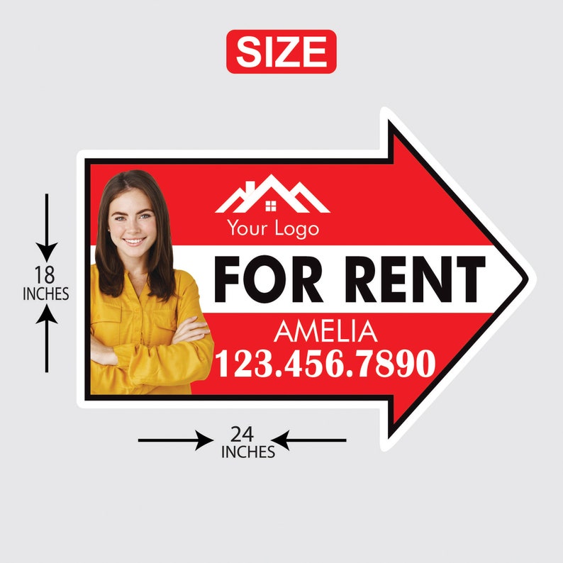 Custom For Rent Arrow Yard Sign 18" x 24", 2 Sided Add Your Text, Logo, Photo Personalized For Rent Directional Signs with Metal H-Stake