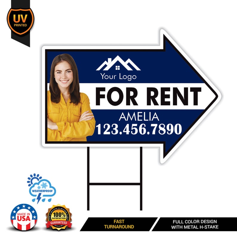 Custom For Rent Arrow Yard Sign 18" x 24", 2 Sided Add Your Text, Logo, Photo Personalized For Rent Directional Signs with Metal H-Stake