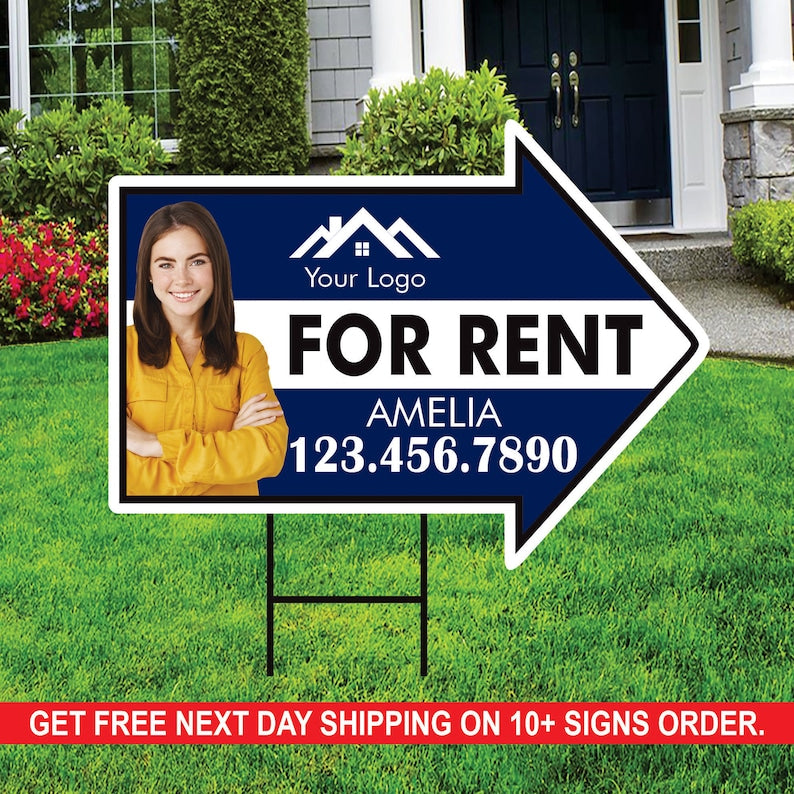 Custom For Rent Arrow Yard Sign 18" x 24", 2 Sided Add Your Text, Logo, Photo Personalized For Rent Directional Signs with Metal H-Stake