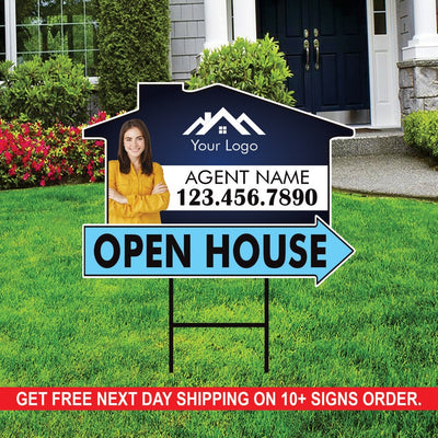 10 Pack Custom Open House Arrow Yard Sign 18" x 24", 2 Sided Add Your Text, Logo, Photo Personalized Directional Signs with Metal H-Stake