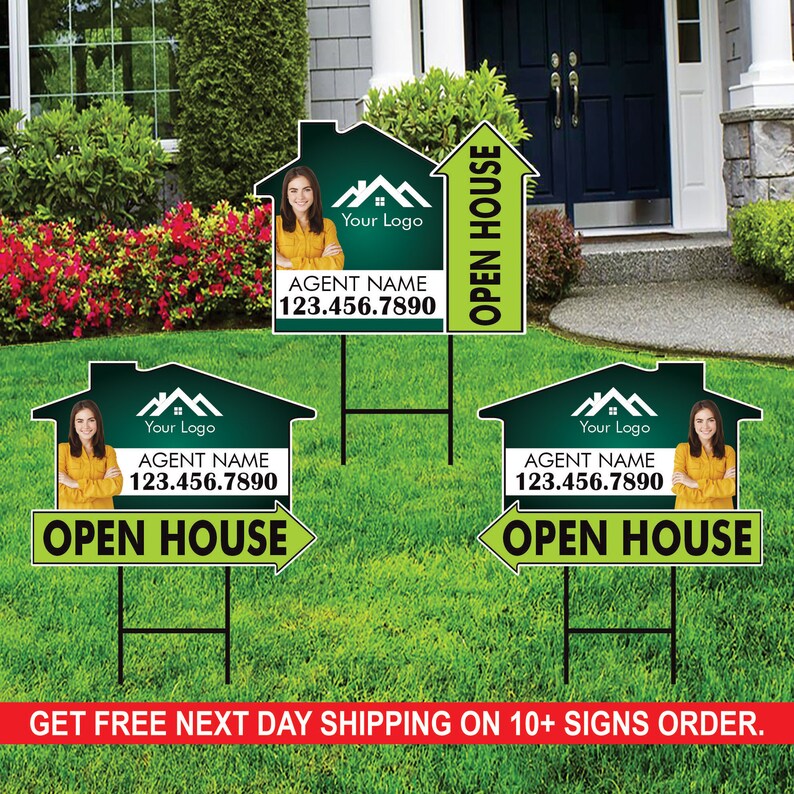 10 Pack Custom Open House Arrow Yard Sign 18" x 24", 2 Sided Add Your Text, Logo, Photo Personalized Directional Signs with Metal H-Stake