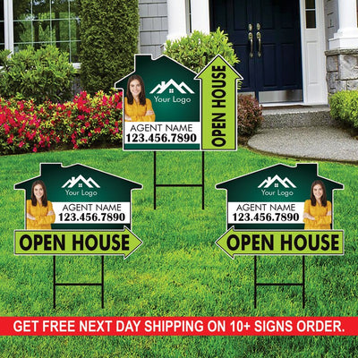 10 Pack Custom Open House Arrow Yard Sign 18" x 24", 2 Sided Add Your Text, Logo, Photo Personalized Directional Signs with Metal H-Stake