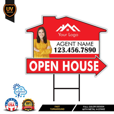 10 Pack Custom Open House Arrow Yard Sign 18" x 24", 2 Sided Add Your Text, Logo, Photo Personalized Directional Signs with Metal H-Stake