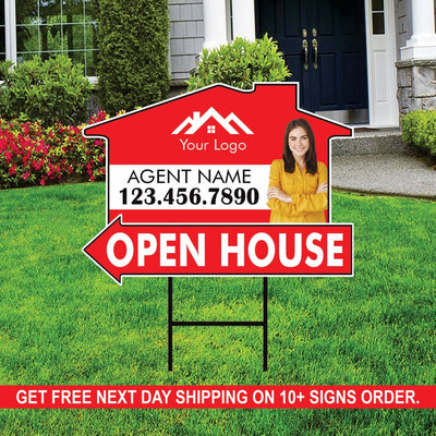 10 Pack Custom Open House Arrow Yard Sign 18" x 24", 2 Sided Add Your Text, Logo, Photo Personalized Directional Signs with Metal H-Stake