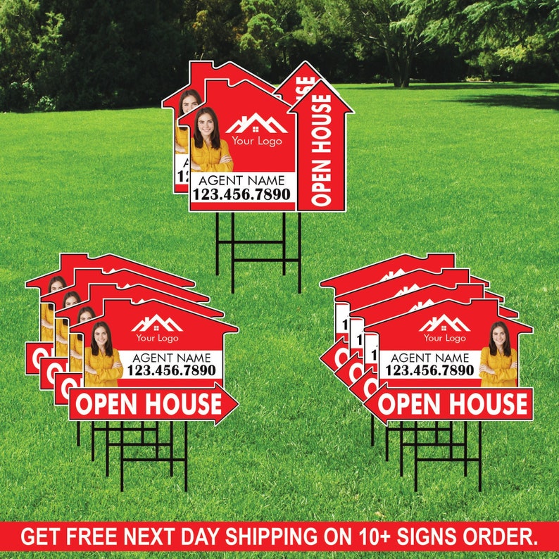 10 Pack Custom Open House Arrow Yard Sign 18" x 24", 2 Sided Add Your Text, Logo, Photo Personalized Directional Signs with Metal H-Stake
