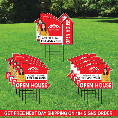 10 Pack Custom Open House Arrow Yard Sign 18" x 24", 2 Sided Add Your Text, Logo, Photo Personalized Directional Signs with Metal H-Stake