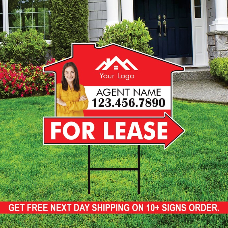 10 Pack Custom For Lease Arrow Yard Sign 18" x 24", 2 Sided Add Your Text, Logo, Photo Personalized Directional Signs with Metal H-Stake