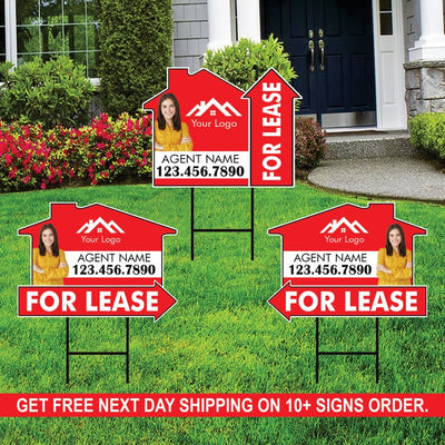 10 Pack Custom For Lease Arrow Yard Sign 18" x 24", 2 Sided Add Your Text, Logo, Photo Personalized Directional Signs with Metal H-Stake