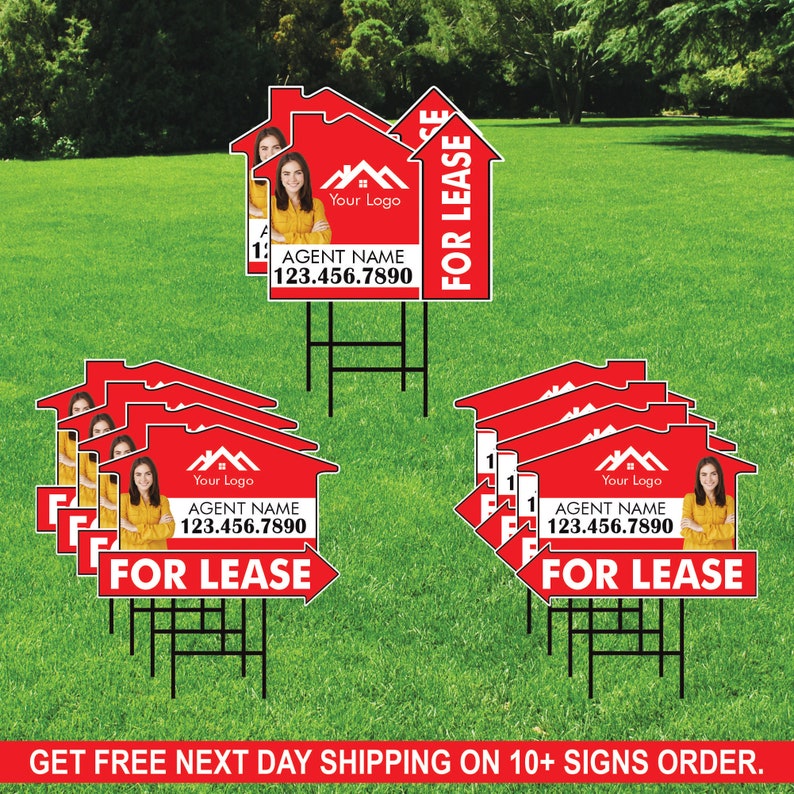 10 Pack Custom For Lease Arrow Yard Sign 18" x 24", 2 Sided Add Your Text, Logo, Photo Personalized Directional Signs with Metal H-Stake