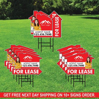 10 Pack Custom For Lease Arrow Yard Sign 18" x 24", 2 Sided Add Your Text, Logo, Photo Personalized Directional Signs with Metal H-Stake