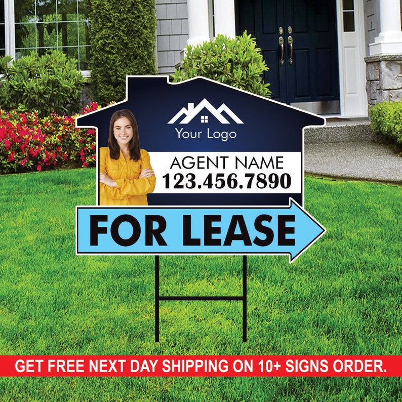 10 Pack Custom For Lease Arrow Yard Sign 18" x 24", 2 Sided Add Your Text, Logo, Photo Personalized Directional Signs with Metal H-Stake