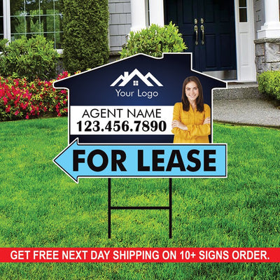 10 Pack Custom For Lease Arrow Yard Sign 18" x 24", 2 Sided Add Your Text, Logo, Photo Personalized Directional Signs with Metal H-Stake
