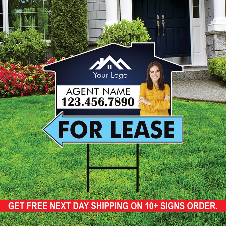 10 Pack Custom For Lease Arrow Yard Sign 18" x 24", 2 Sided Add Your Text, Logo, Photo Personalized Directional Signs with Metal H-Stake