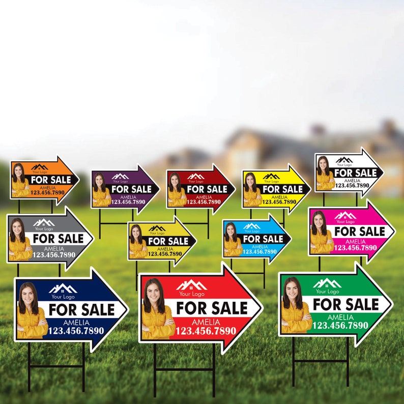 Custom For Sale Arrow Yard Sign 18" x 24", 2 Sided Add Your Text, Logo, Photo Personalized For Sale Directional Signs with Metal H-Stake