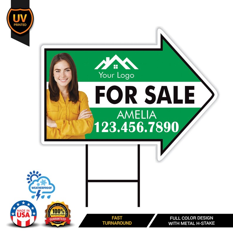Custom For Sale Arrow Yard Sign 18" x 24", 2 Sided Add Your Text, Logo, Photo Personalized For Sale Directional Signs with Metal H-Stake