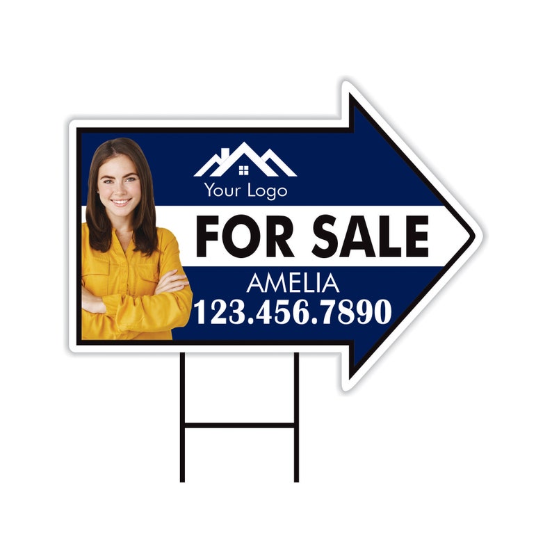Custom For Sale Arrow Yard Sign 18" x 24", 2 Sided Add Your Text, Logo, Photo Personalized For Sale Directional Signs with Metal H-Stake