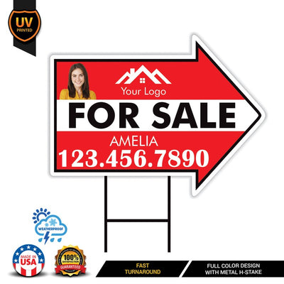 Custom For Sale Arrow Yard Sign 18" x 24", 2 Sided Add Your Text, Logo, Photo Personalized For Sale Directional Signs with Metal H-Stake