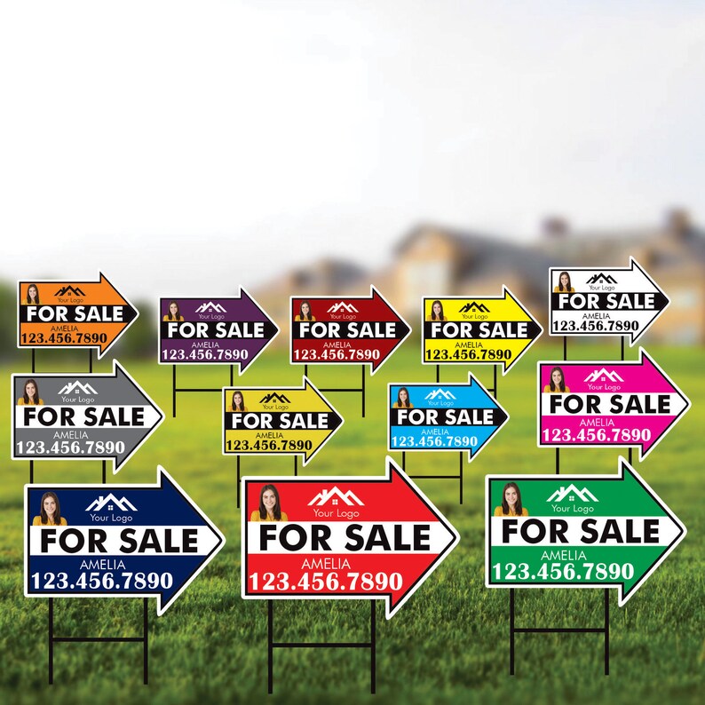 Custom For Sale Arrow Yard Sign 18" x 24", 2 Sided Add Your Text, Logo, Photo Personalized For Sale Directional Signs with Metal H-Stake