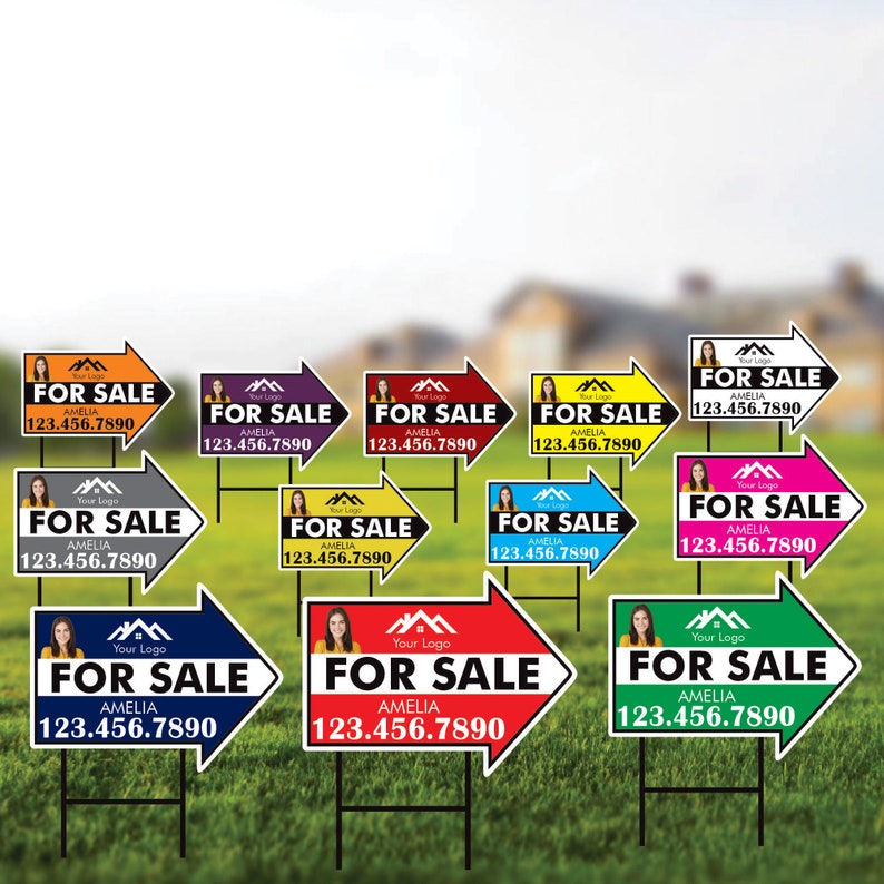 Custom For Sale Arrow Yard Sign 18" x 24", 2 Sided Add Your Text, Logo, Photo Personalized For Sale Directional Signs with Metal H-Stake