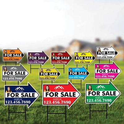 Custom For Sale Arrow Yard Sign 18" x 24", 2 Sided Add Your Text, Logo, Photo Personalized For Sale Directional Signs with Metal H-Stake