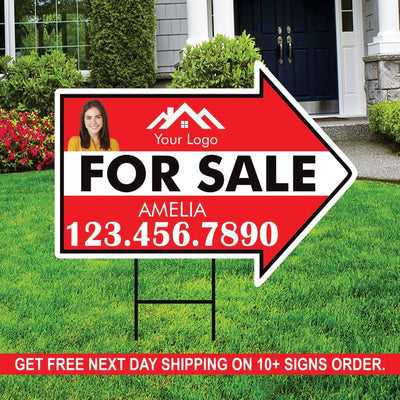 Custom For Sale Arrow Yard Sign 18" x 24", 2 Sided Add Your Text, Logo, Photo Personalized For Sale Directional Signs with Metal H-Stake