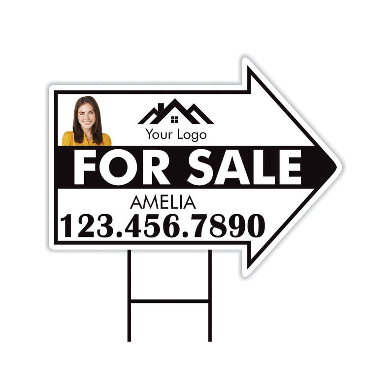 Custom For Sale Arrow Yard Sign 18" x 24", 2 Sided Add Your Text, Logo, Photo Personalized For Sale Directional Signs with Metal H-Stake