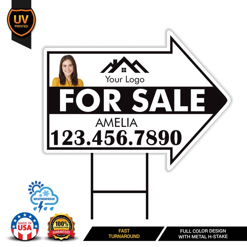 Custom For Sale Arrow Yard Sign 18" x 24", 2 Sided Add Your Text, Logo, Photo Personalized For Sale Directional Signs with Metal H-Stake