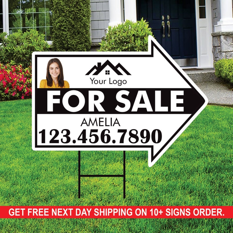 Custom For Sale Arrow Yard Sign 18" x 24", 2 Sided Add Your Text, Logo, Photo Personalized For Sale Directional Signs with Metal H-Stake