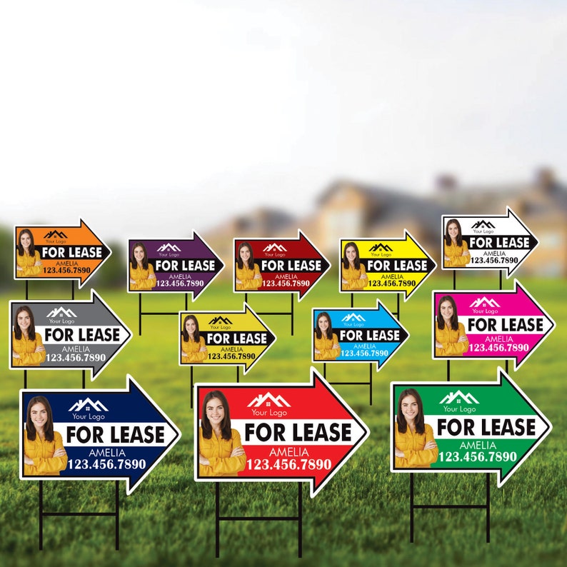 Custom For Lease Arrow Yard Sign 18" x 24", 2 Sided Add Your Text, Logo, Photo Personalized For Lease Directional Signs with Metal H-Stake