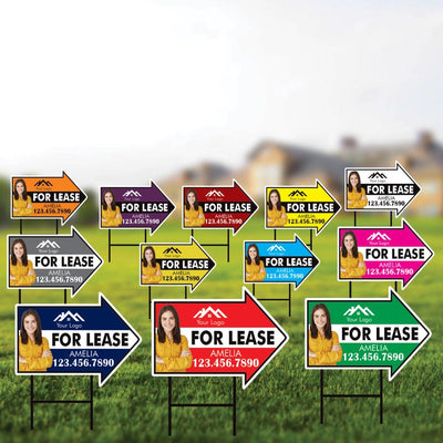 Custom For Lease Arrow Yard Sign 18" x 24", 2 Sided Add Your Text, Logo, Photo Personalized For Lease Directional Signs with Metal H-Stake
