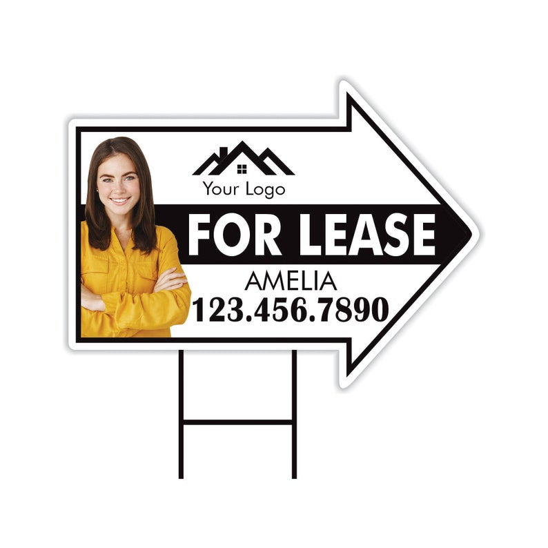 Custom For Lease Arrow Yard Sign 18" x 24", 2 Sided Add Your Text, Logo, Photo Personalized For Lease Directional Signs with Metal H-Stake