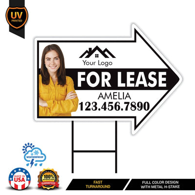 Custom For Lease Arrow Yard Sign 18" x 24", 2 Sided Add Your Text, Logo, Photo Personalized For Lease Directional Signs with Metal H-Stake