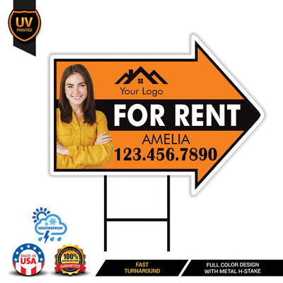 Custom For Rent Arrow Yard Sign 18" x 24", 2 Sided Add Your Text, Logo, Photo Personalized For Rent Directional Signs with Metal H-Stake