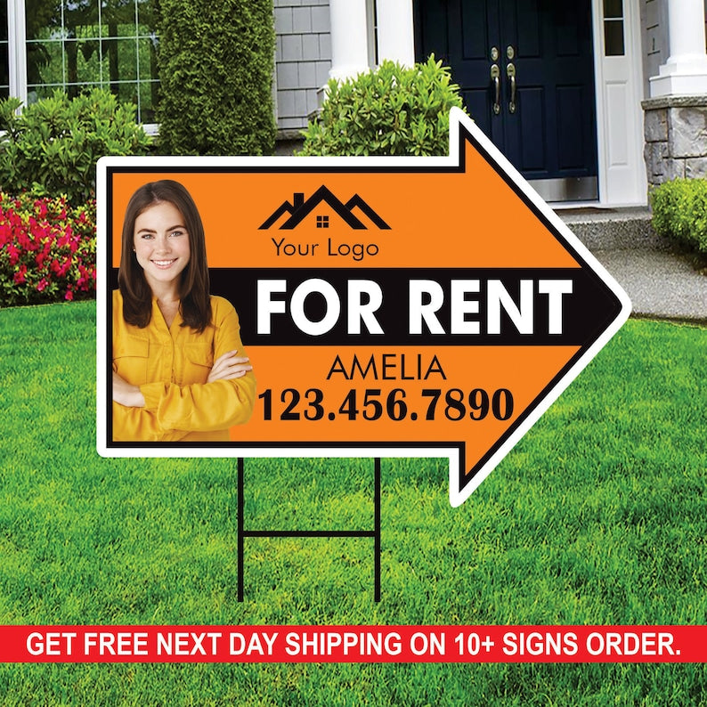 Custom For Rent Arrow Yard Sign 18" x 24", 2 Sided Add Your Text, Logo, Photo Personalized For Rent Directional Signs with Metal H-Stake