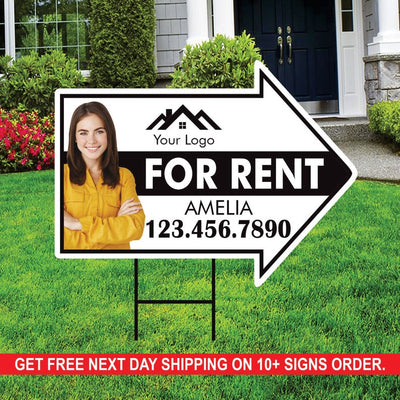 Custom For Rent Arrow Yard Sign 18" x 24", 2 Sided Add Your Text, Logo, Photo Personalized For Rent Directional Signs with Metal H-Stake